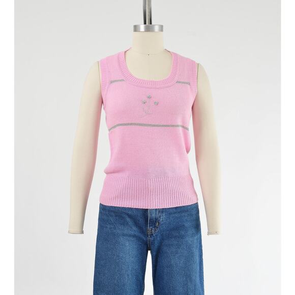 Vintage 60s Pink Two Piece Sweater Set Floral Vest Button Down Cardigan XS S - Picture 4 of 9